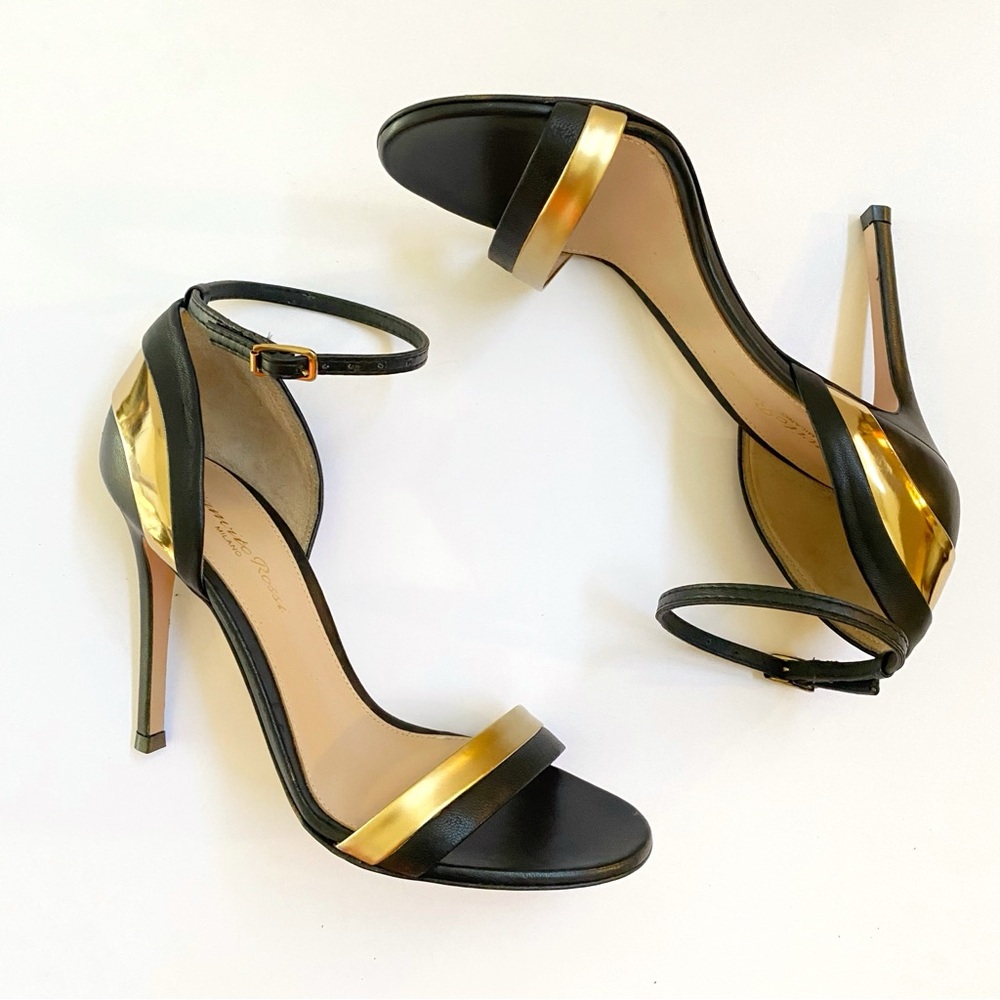 GIANVITO ROSSI BLACK GOLD LEATHER ANKLE STRAP OPEN TOE STILETTO HIGH HEELS - Picture 3 of 9